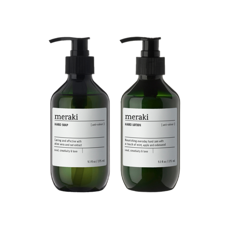 Meraki håndsæbe og håndlotion i grønne flasker