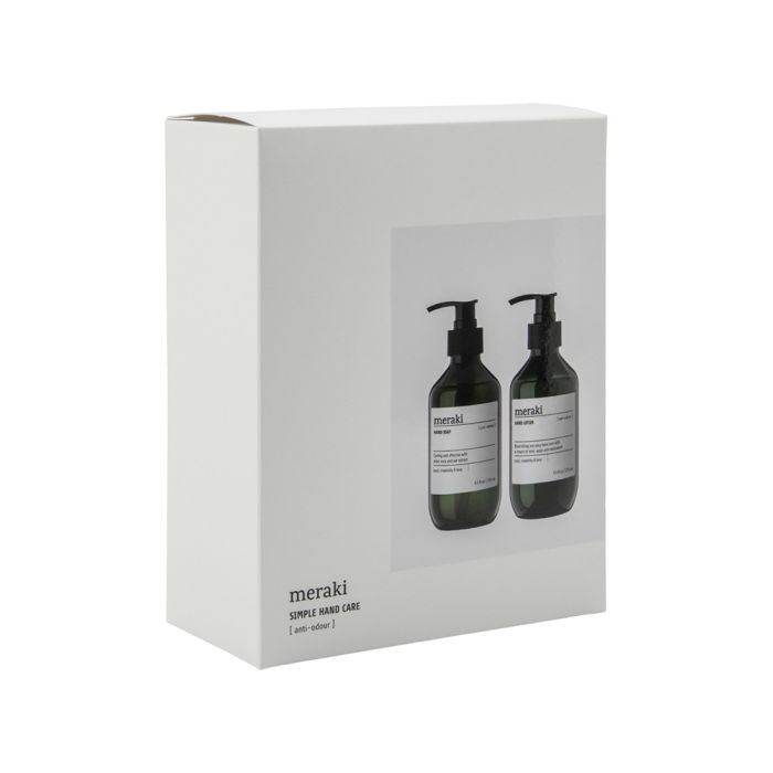 Gaveæske Meraki med håndsæbe og håndlotion set fra siden af