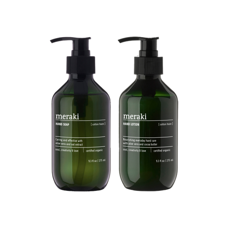 Meraki med håndsæbe og håndlotion i grønne flaske med pumpehoved