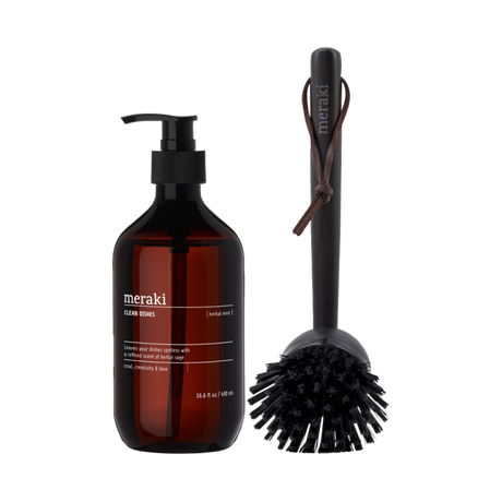 Meraki opvaskemiddel i brun flaske samt opvaskebørste