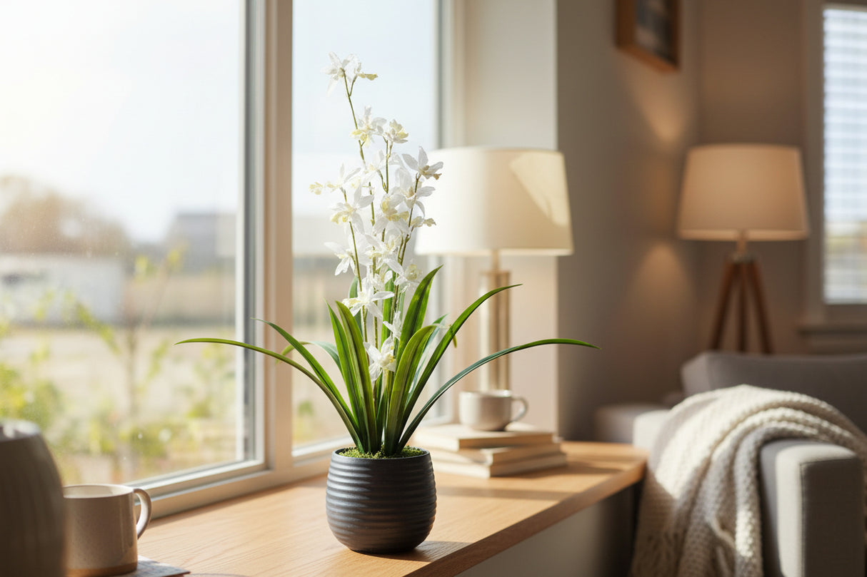 Hvid orkidé med grå skjuler i vindueskarm