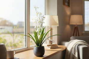 Hvid orkidé med grå skjuler i vindueskarm