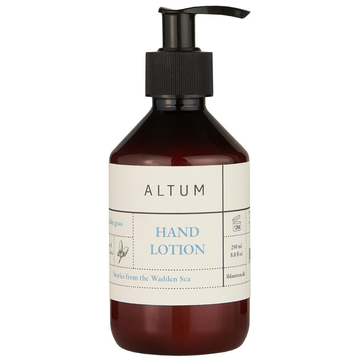 ALTUM Golden Grass hand lotion from Ib Laursen in a brown pump bottle with black pump and cream-colored label, 250 ml