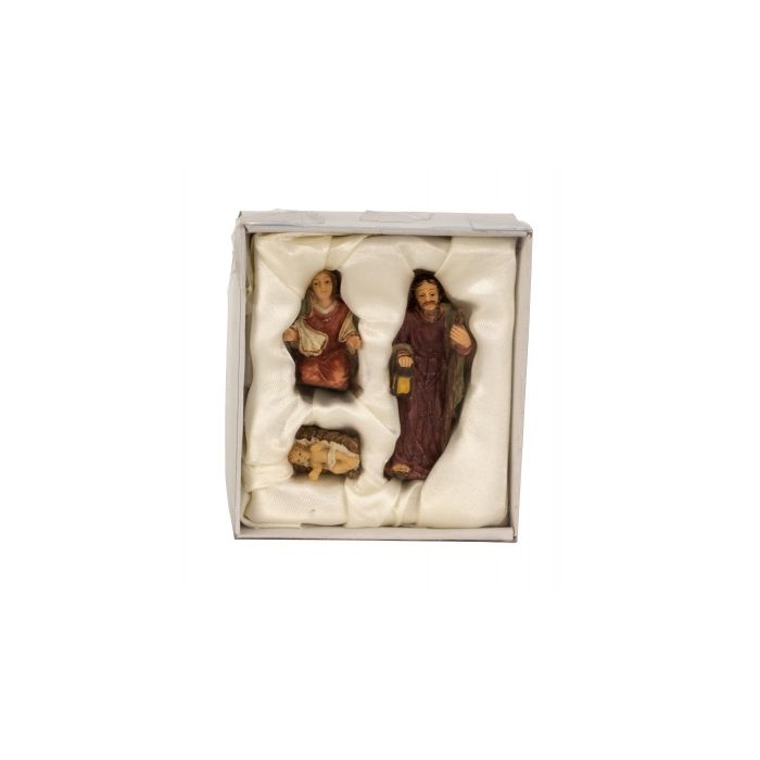 Krybbespil med 3 figurer i en æske, som indeholder Jesusbarnet lagt på en krybbe, Jomfru Maria og Josef med en lygte og stav. 