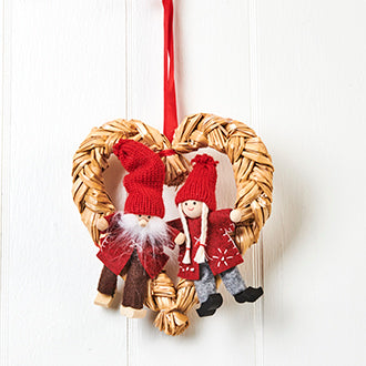 Decorative straw heart with a pair of Christmas gnomes from Pobra