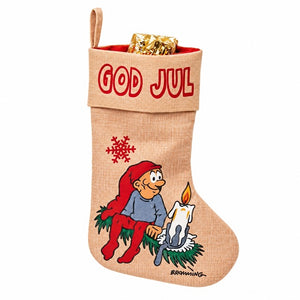 Christmas stocking with Bramming gnome holding a candle and a spruce branch