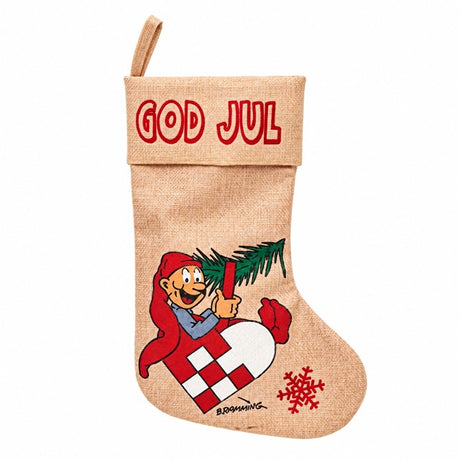 Christmas stocking with a Brammingnisse featuring a woven heart and a spruce branch
