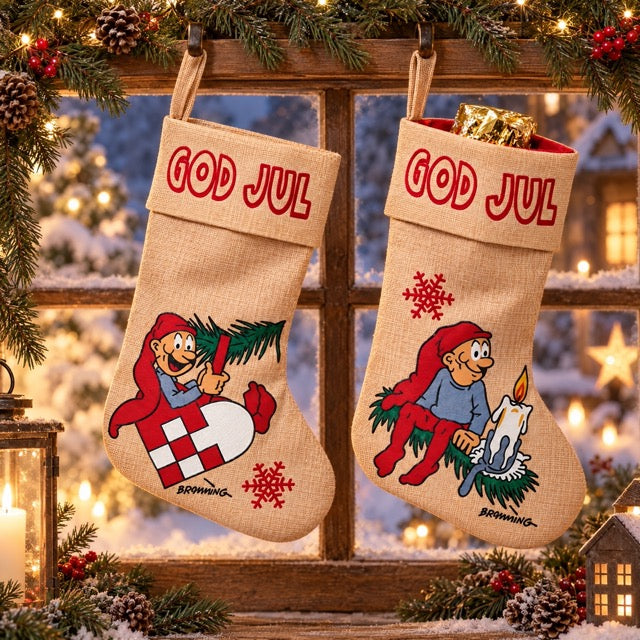 Bramming Christmas stockings hanging in front of a window
