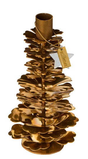 Brass pinecone taper candle holder, 13.5 cm high — top and slight side view