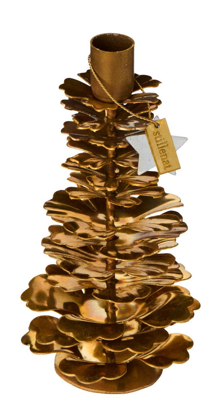 Brass pinecone taper candle holder, 13.5 cm high — top and slight side view