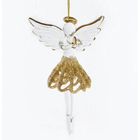 Balletdansende engel i glas fra Pobra. Engel med foldet hænder i bedestilling, guld glorie, guld glimmer skørt og guld siluet på de udfoldede vinger, meget unik og smuk figur. 