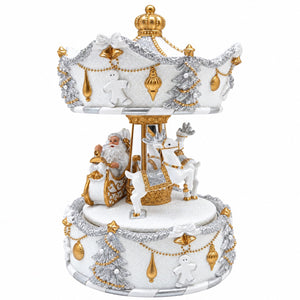 Winter-white musical carousel from Musicboxworld with Santa, reindeer, snow-covered Christmas trees and delicate golden details