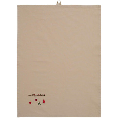 Traditional tea towel with embroidered branch and hanging Christmas ornament from Ib Laursen