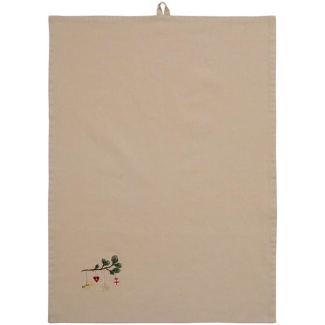 Natural linen-colored tea towel, traditionally embroidered with a pine branch and hanging Christmas ornaments from Ib Laursen
