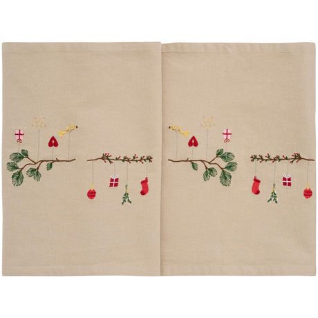 Traditional table runner with embroidered branches and hanging Christmas ornaments from Ib Laursen