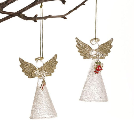 Engel i glas med glimmervinger, glimmerglorie og glimmerkjole. I sine foldede hænder bære englen julepynt i julefarver. Du kan vælge en engel med juleklokker eller julegave. Fra Pobra