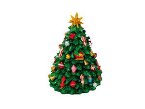 Music box from Musicboxworld shaped like a green Christmas tree with red baubles, colorful ornaments and a golden star