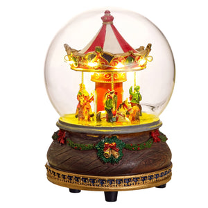 Carousel in a glass dome from Musicboxworld with lights, rotating carousel horses and a Christmas-trimmed base with garlands