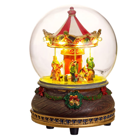 Carousel in a glass dome from Musicboxworld with lights, rotating carousel horses and a Christmas-trimmed base with garlands
