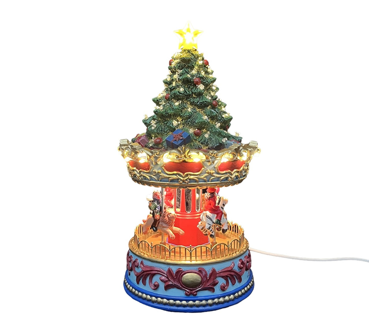 Musicboxworld Christmas carousel with a decorated Christmas tree on the roof, colorful carousel figures and a red, blue and gold base