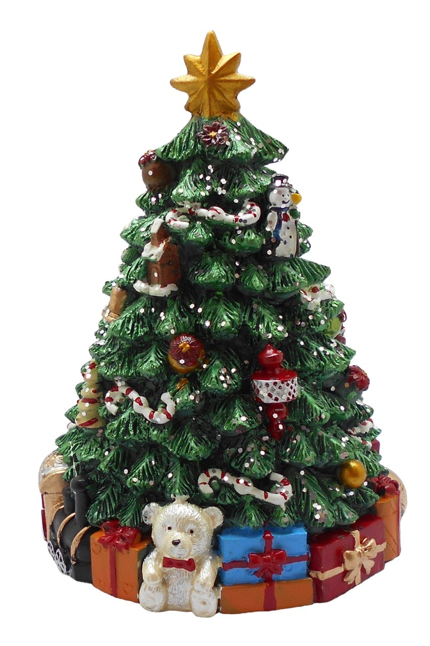 Music box from Musicboxworld with a decorated Christmas tree, a golden tree-top star, colorful Christmas presents and a small white teddy bear at the base of the tree