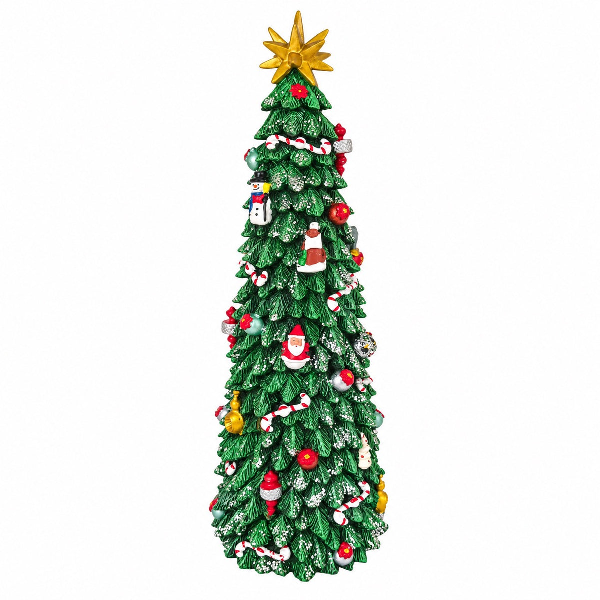 Slim music box shaped like a tall Christmas tree from Musicboxworld, with colorful baubles, small hanging ornaments and a golden Christmas star