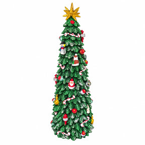 Slim music box shaped like a tall Christmas tree from Musicboxworld, with colorful baubles, small hanging ornaments and a golden Christmas star