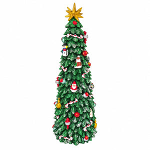 Slim music box shaped like a tall Christmas tree from Musicboxworld, with colorful baubles, small hanging ornaments and a golden Christmas star