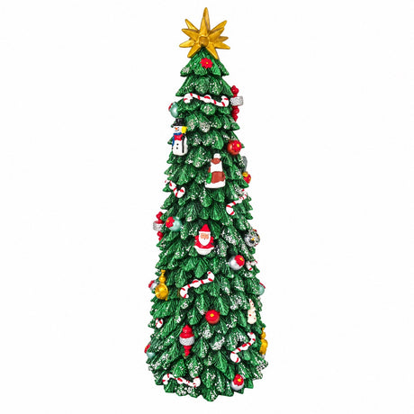 Slim music box shaped like a tall Christmas tree from Musicboxworld, with colorful baubles, small hanging ornaments and a golden Christmas star