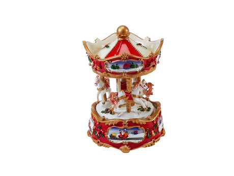 Nostalgic Christmas carousel from Musicboxworld featuring three white horses, a red and cream-colored canopy, and Christmas motifs on the base