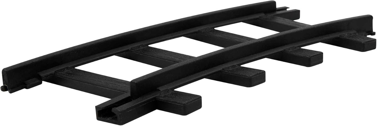 Curved train track in black plastic from Lionel, side view