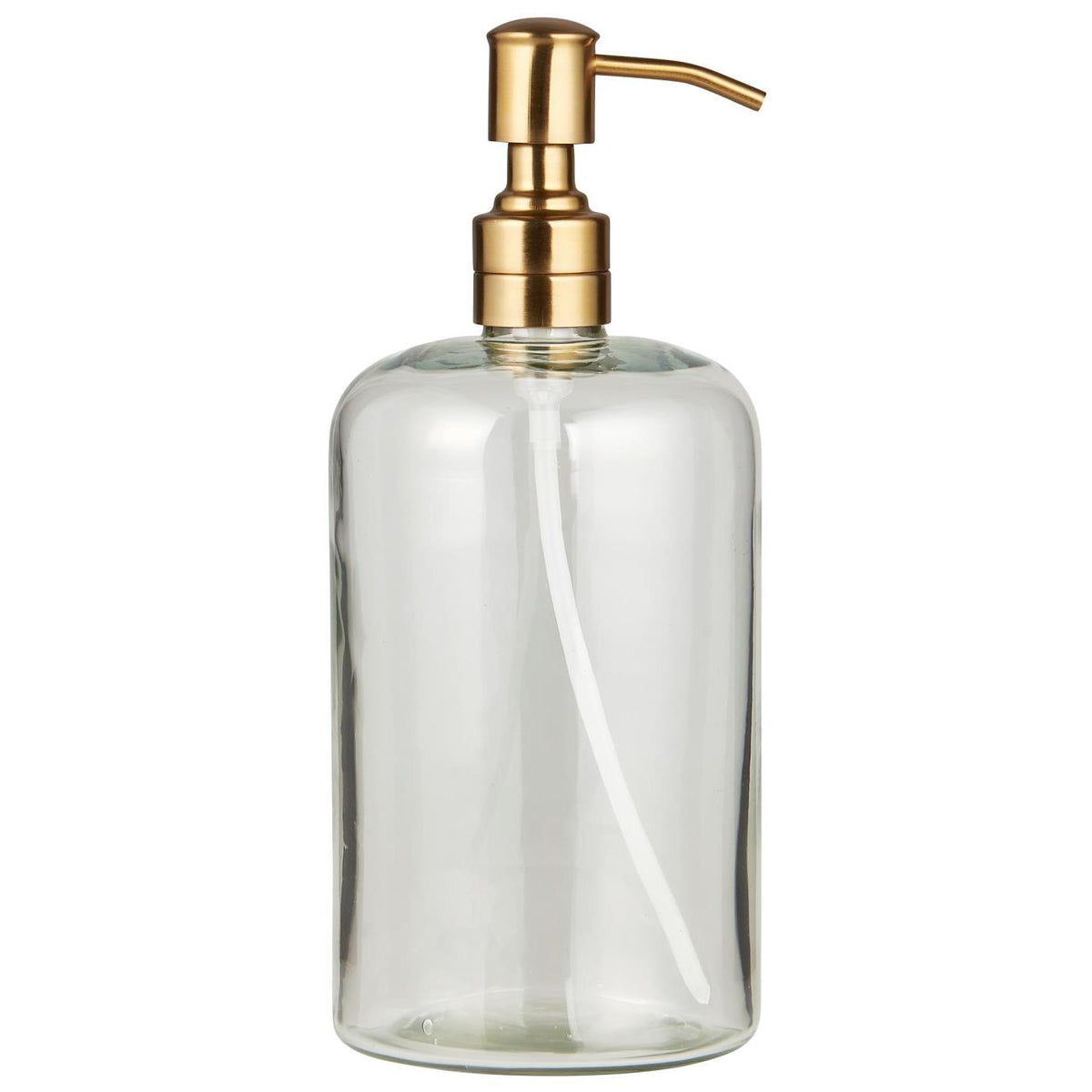Clear glass soap dispenser by Ib Laursen with a brass-colored stainless steel pump head