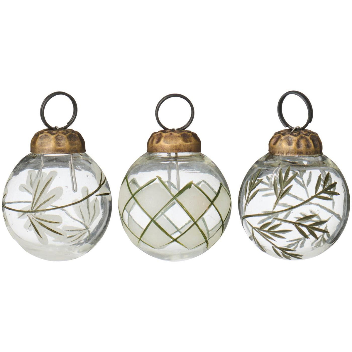 12 mini Christmas baubles with an etched green pattern in the glass from Ib Laursen