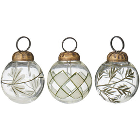 12 mini Christmas baubles with an etched green pattern in the glass from Ib Laursen
