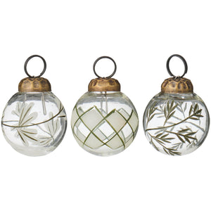 12 mini Christmas baubles with an etched green pattern in the glass from Ib Laursen
