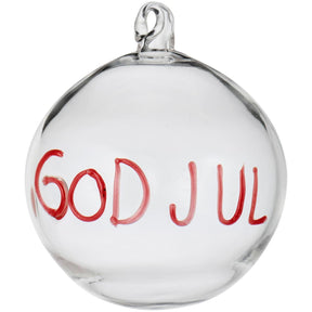 Clear glass Christmas bauble with red text 'MERRY CHRISTMAS' from Ib Laursen