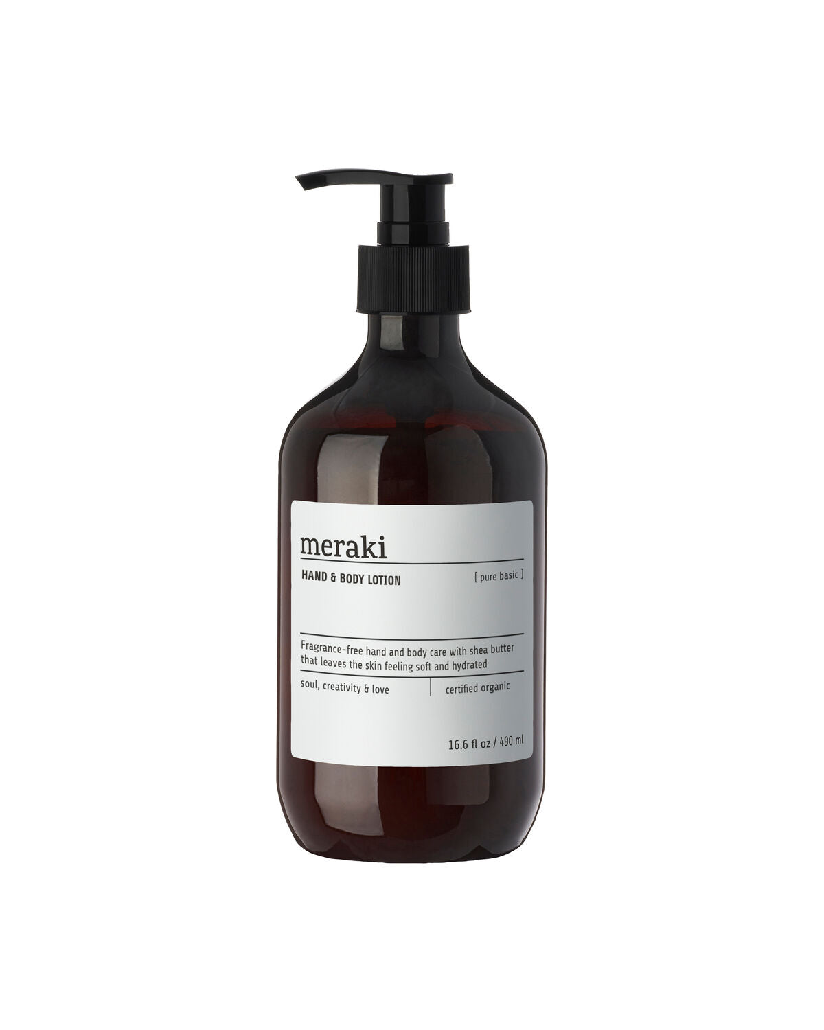 Fragrance-free hand and body lotion from Meraki with shea butter in a brown pump bottle with a black pump head, 490 ml