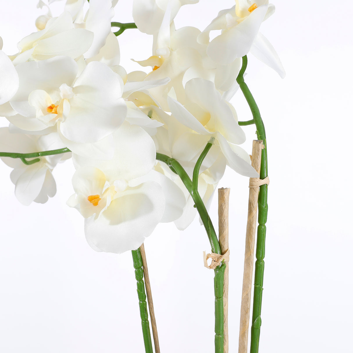 Stilke med hvide kunstige orkidéblomster set tæt på