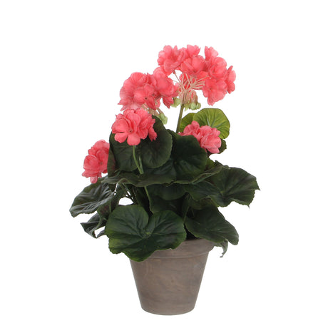 Kunstig pelargonie i laksefarvet 34 cm høj stående i grå lerpotte