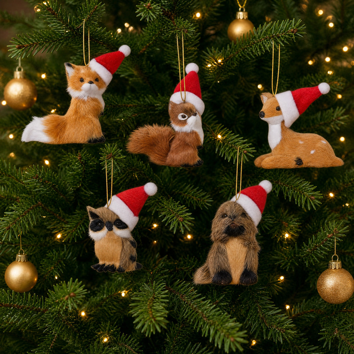 Forest animals with Santa hats