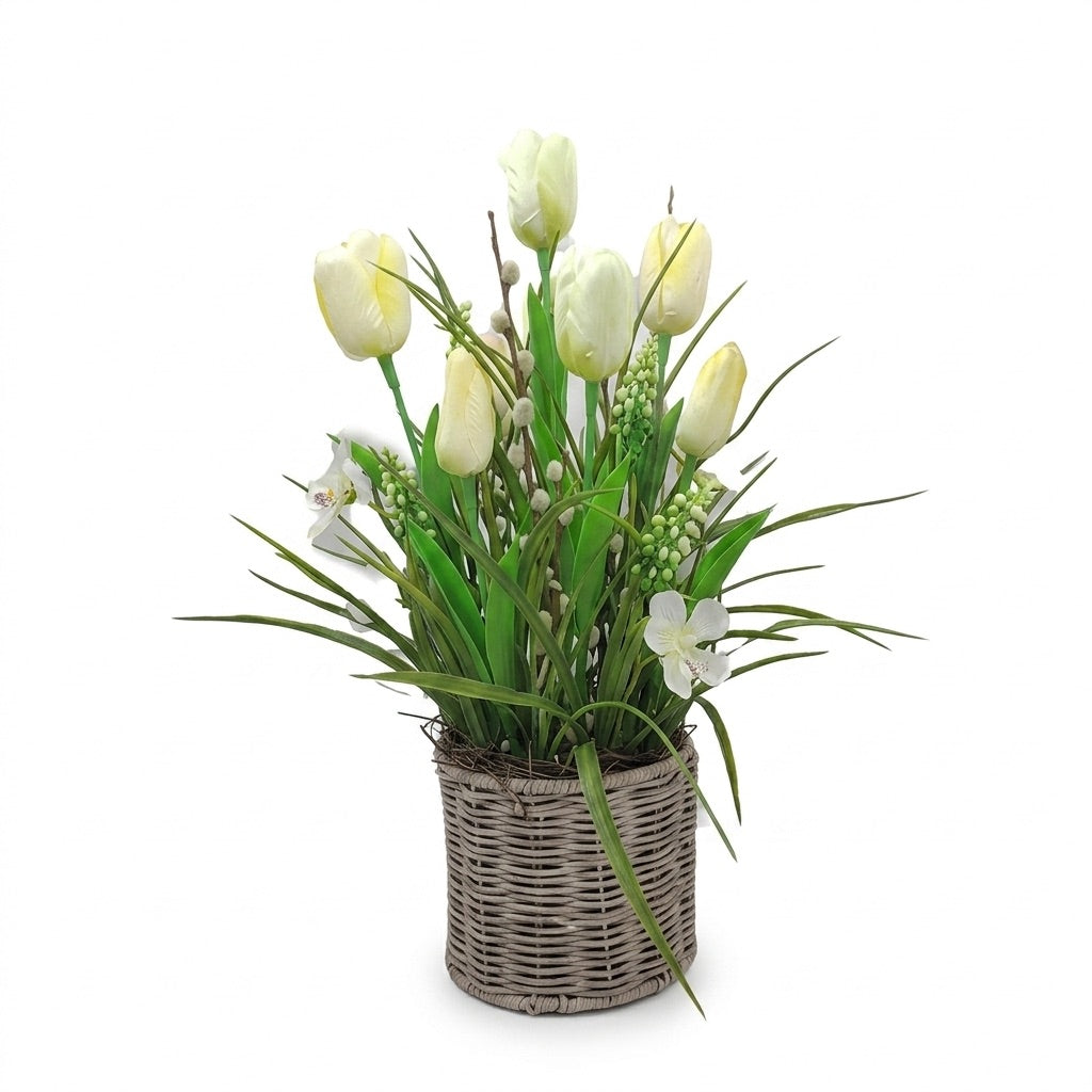 Decoration with tulips in a basket