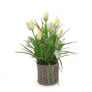 Decoration with tulips in a basket