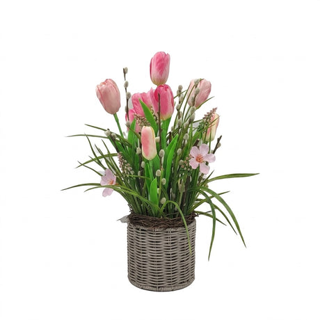 Decoration with tulips in a basket