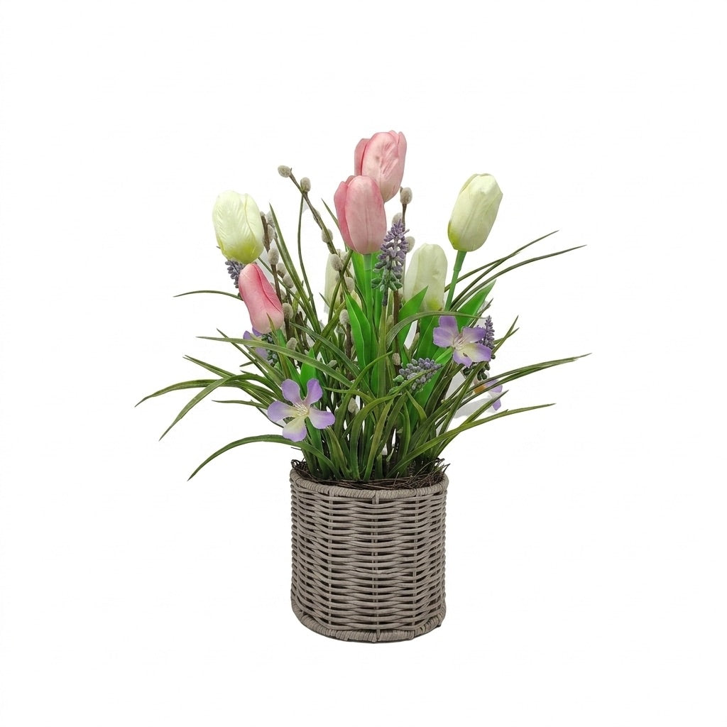 Decoration with tulips in a basket