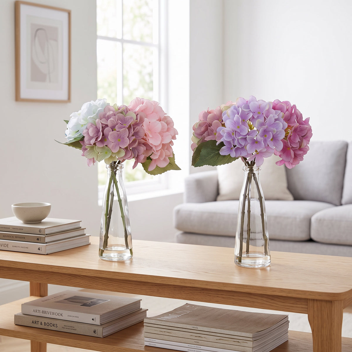 Hydrangea flowers in glass vase