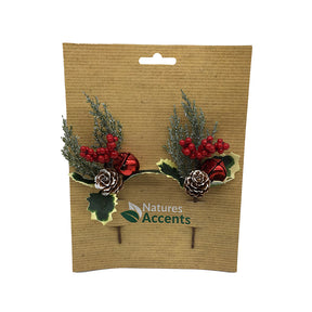 Set of 2 decorative picks with holly and bell