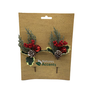 Set of 2 decorative picks with holly and bell