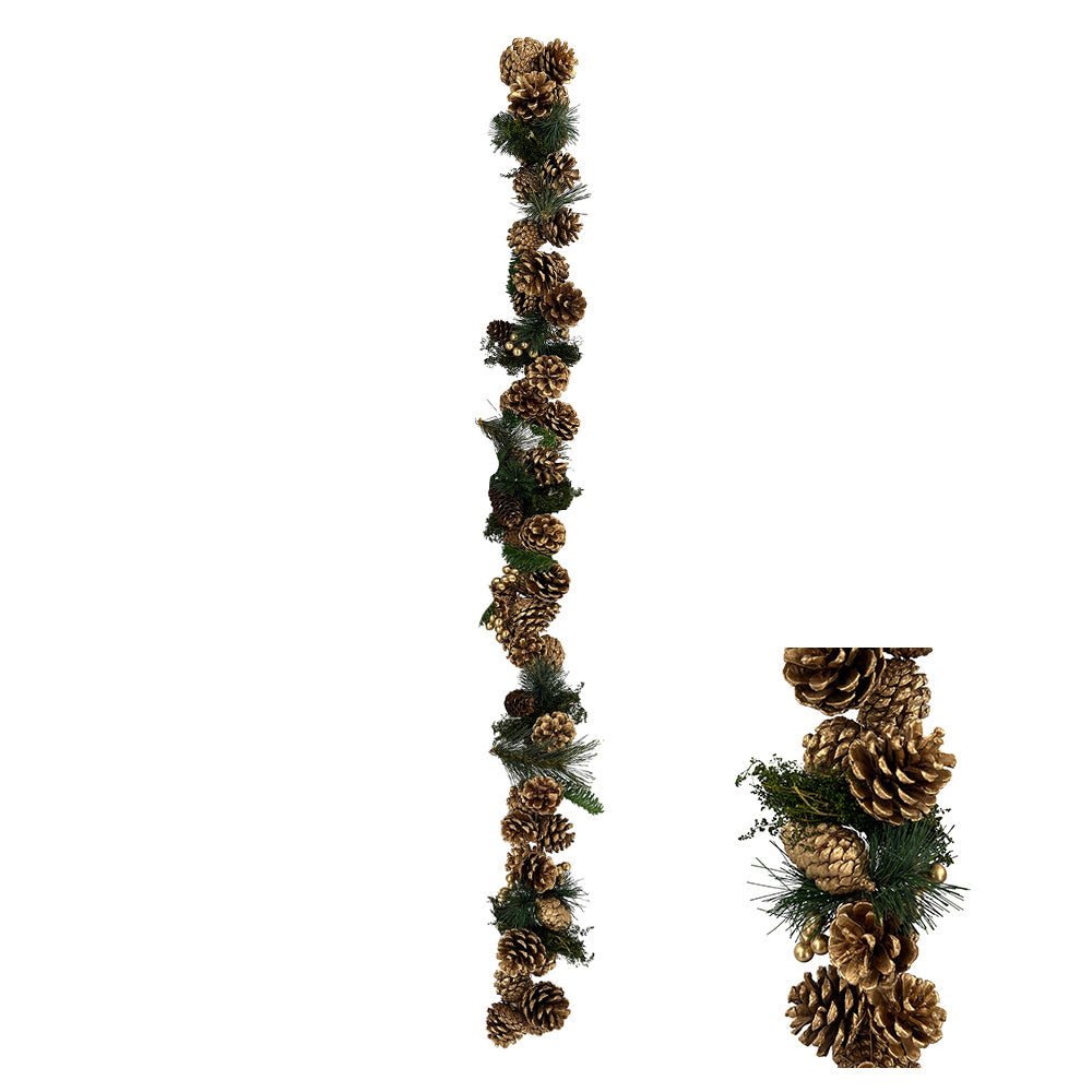 Garland with gold-colored pine cones and berries for decoration