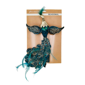 Turquoise peacock decoration with clip, 30 cm long