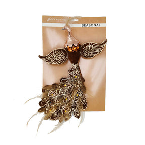 Brown peacock decoration with clip, 30 cm
